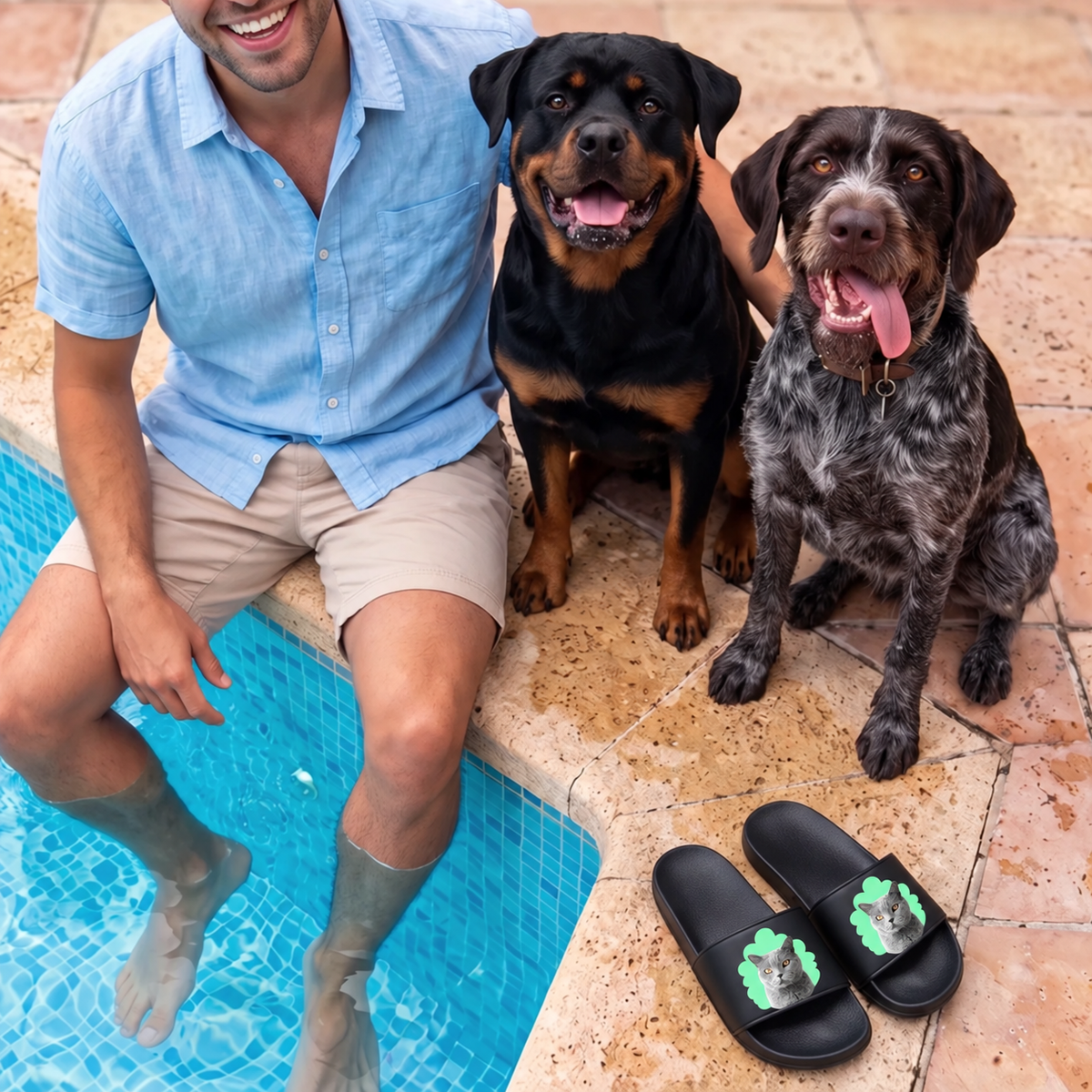 Gepersonaliseerde zwarte badslippers met kattenportret, ernaast zit een man met twee honden.