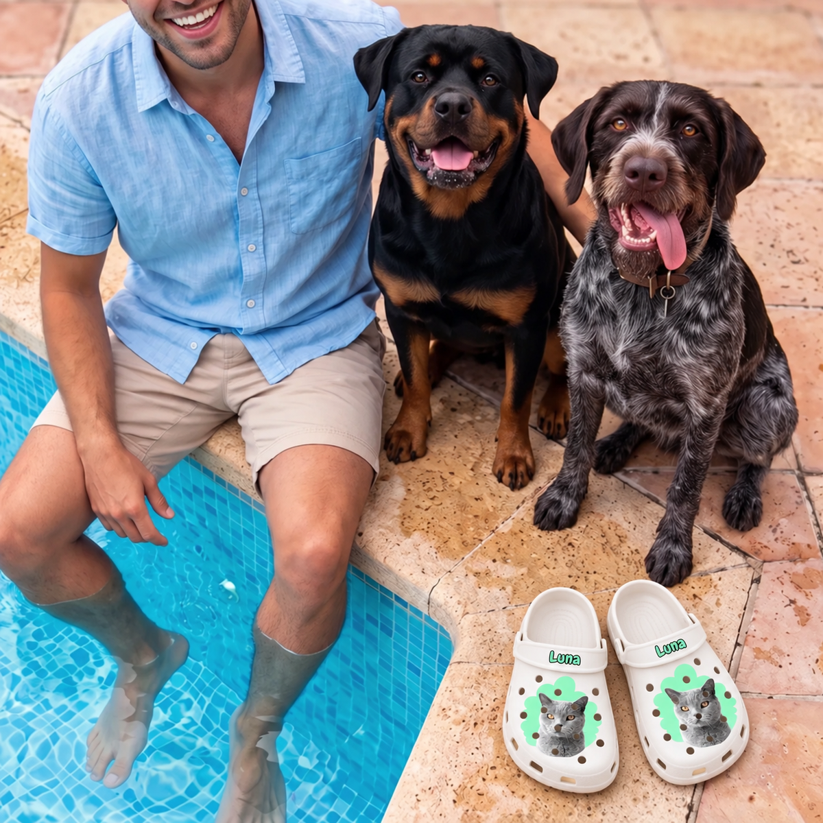 Sabots blancs personnalisés avec portrait de chat, à côté d'un homme et de deux chiens au bord de la piscine.