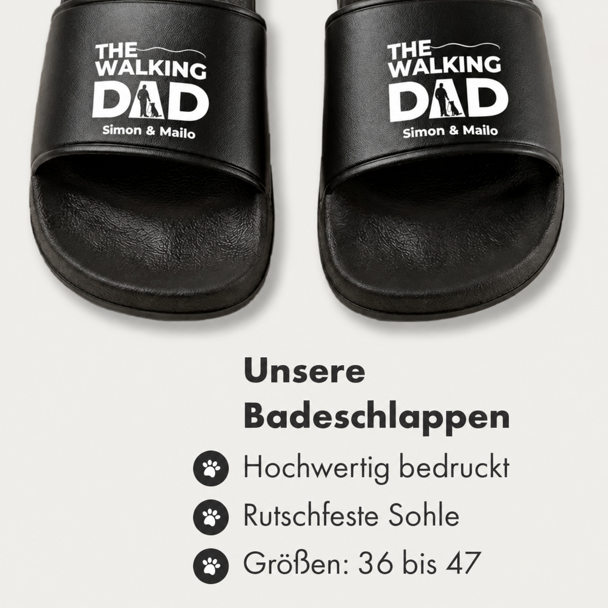 Zwarte badslippers met opdruk "The Walking Dad" en gepersonaliseerde namen. Antislipzool.