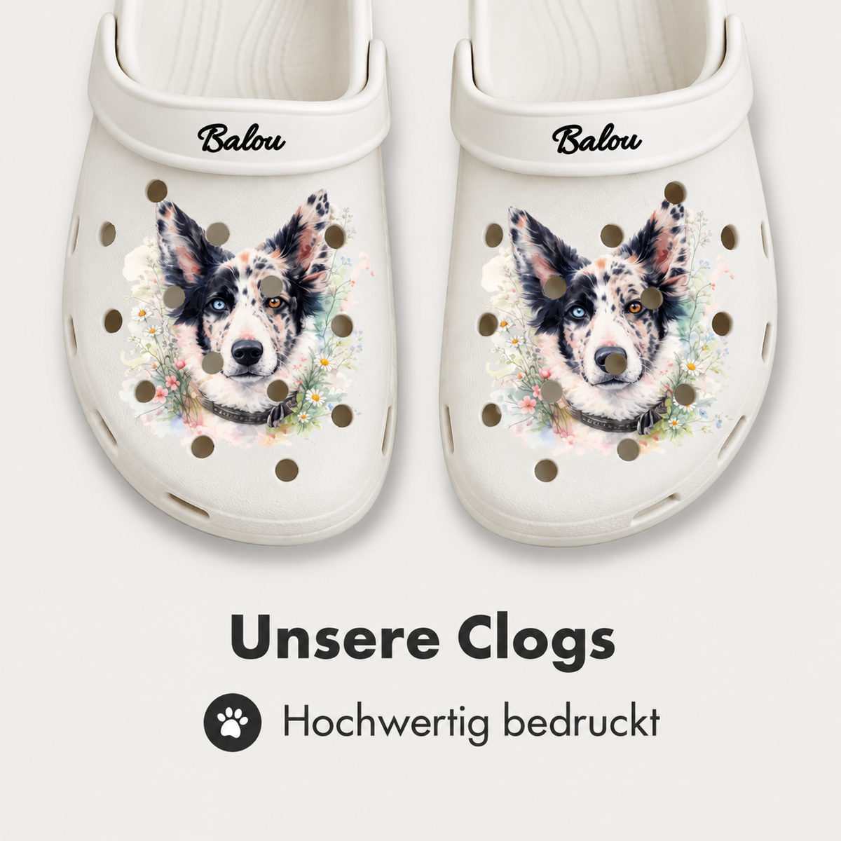 Gepersonaliseerde witte klompen met aquarelprint van een hond en de naam Balou. Hoogwaardig afgewerkt.