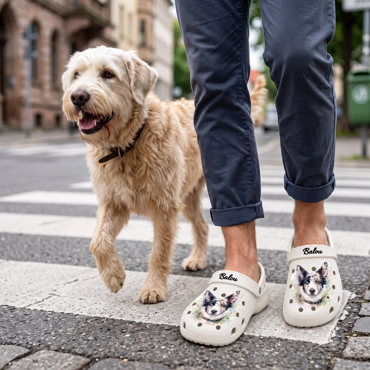 Persoon draagt gepersonaliseerde klompen met aquarel-hondenmotief en wandelt met een hond.