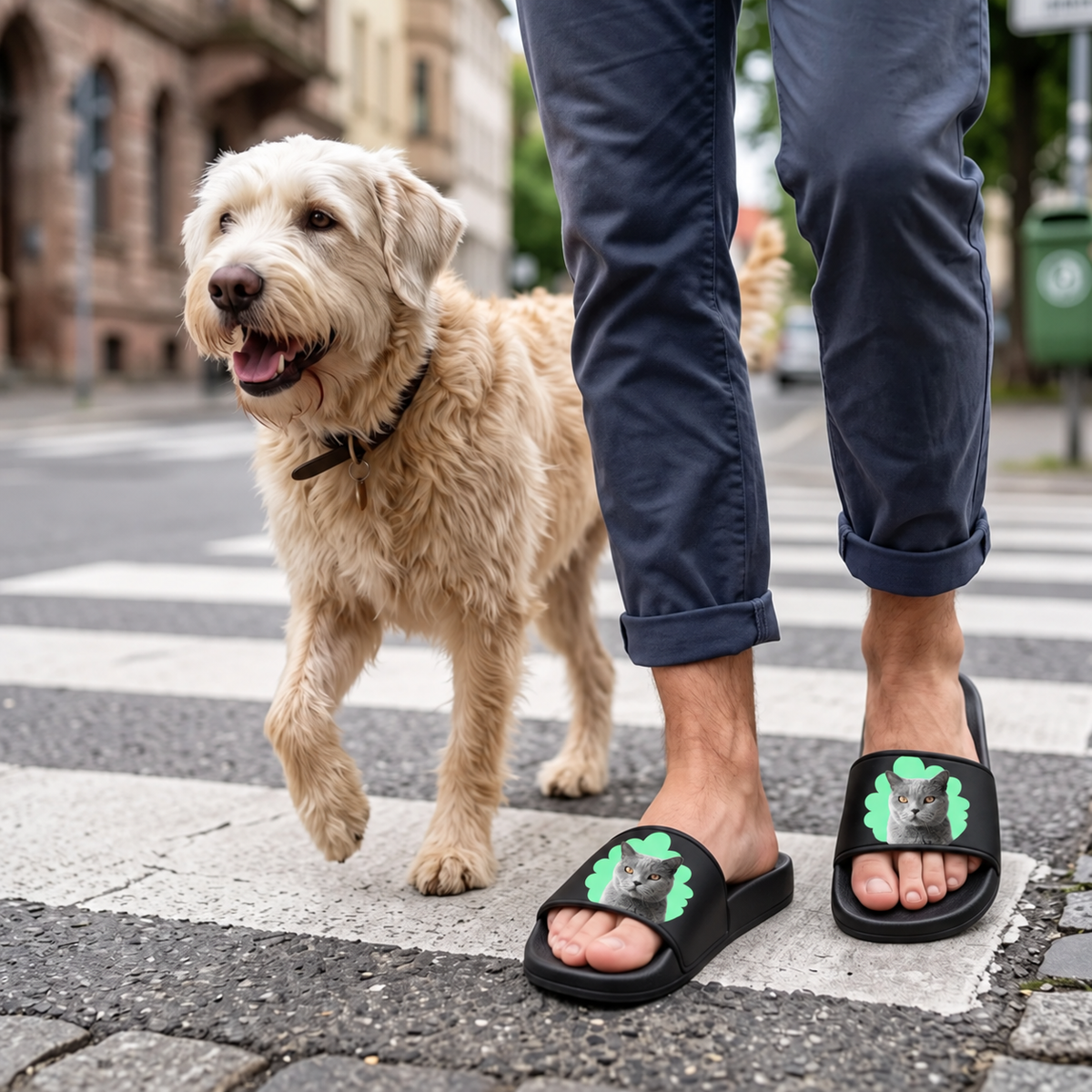 Zwarte badslippers met groen kattenportret, drager met hond op een zebrapad.